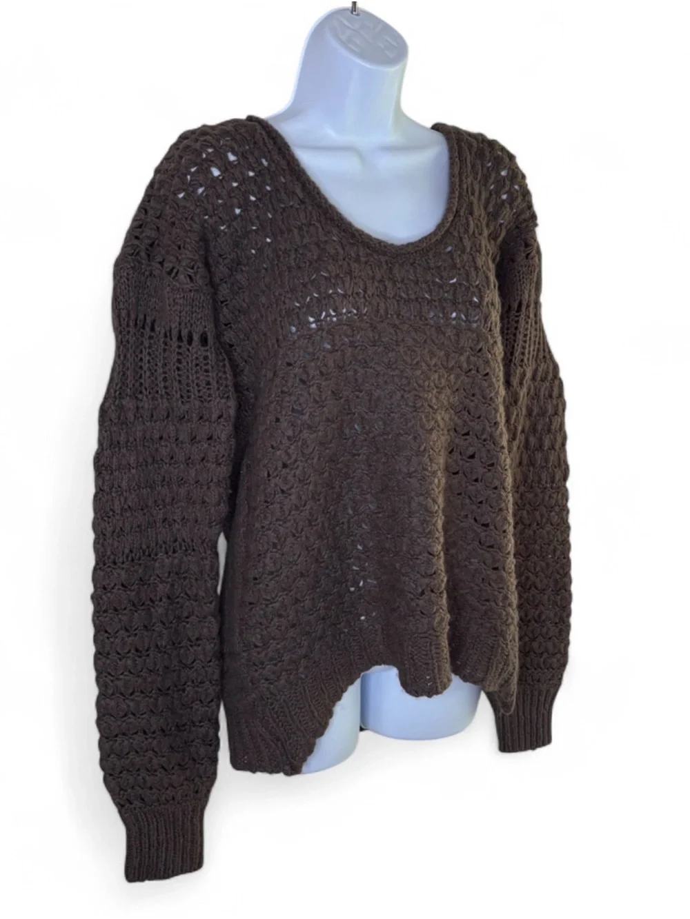Free People Crashing Waves Pullover Sweater Sz Small Cocoa Brown Open Knit Boho